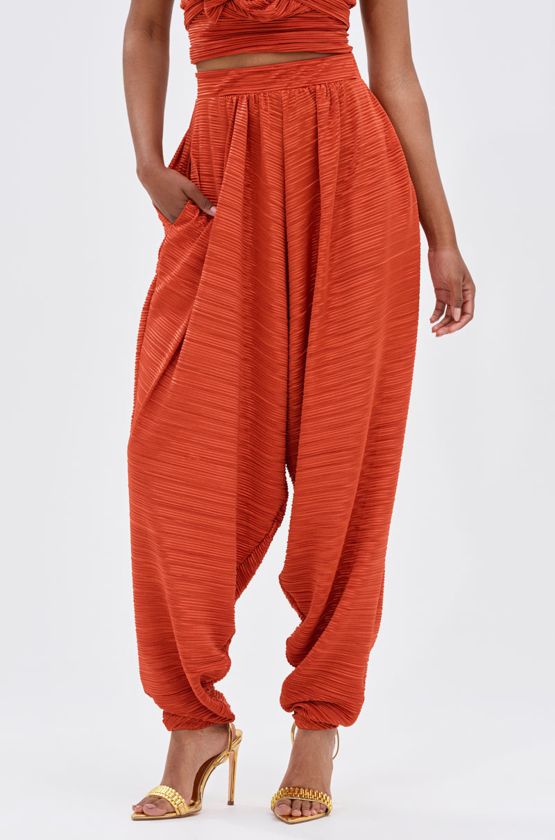 A person wears the MAYAH WIDE LEG PLISSE PANT IN RED with side pockets and gold high-heeled sandals, standing against a plain white background. Burgundy accents complete the look. 1