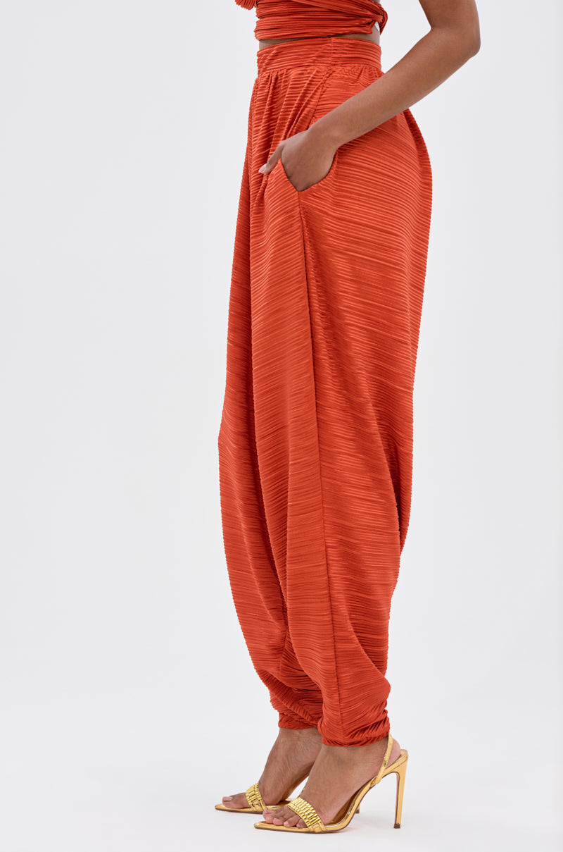 A person wears the MAYAH WIDE LEG PLISSE PANT IN RED—textured, loose-fitting with pockets—paired with gold high-heeled sandals, standing against a plain white background. 2