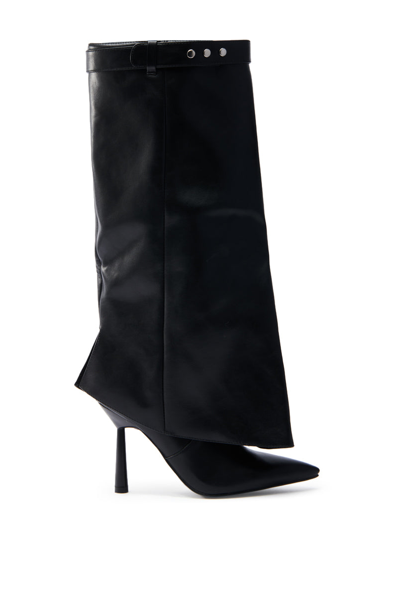 The AZALEA WANG TRACKSTAR BLACK STILETTO BOOT features a single black faux leather design with a pointed toe, high-fashion silhouette, trackstar stiletto heel, wide exaggerated shaft ending mid-calf, and snap buttons at the top for stylish allure.