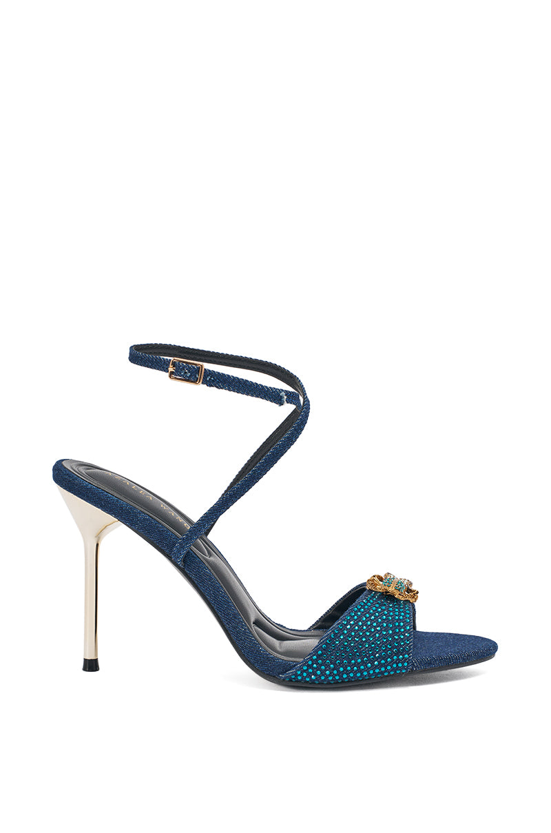 The AZALEA WANG TREETOK DENIM RHINESTONE STILETTO SANDAL features crystal-embellished stiletto heels, blue denim straps, an ankle buckle, a turquoise and gold-accented toe strap, and dark-colored sole and insole. 2