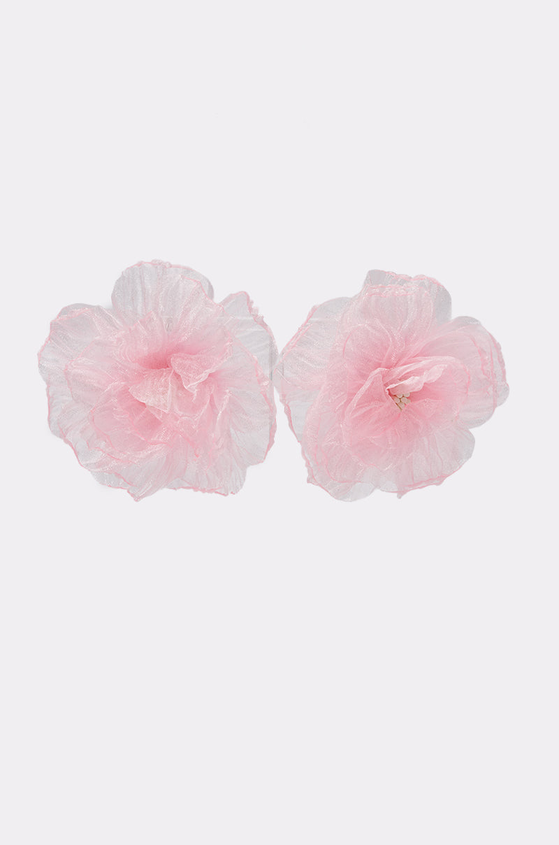 The IM JUST A GIRL EARRING features two delicate, light pink chiffon floral earrings with layered, translucent petals resembling blooming flowers, displayed on a plain white background.