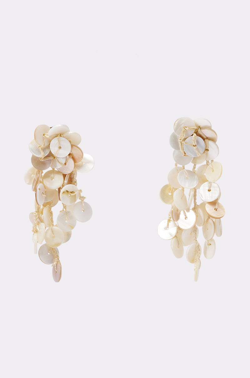 The MY BUTTONS EARRING features clustered round iridescent cream and beige discs on gold-tone hardware, resembling mother-of-pearl—perfect summer jewelry shown against a light gray background.