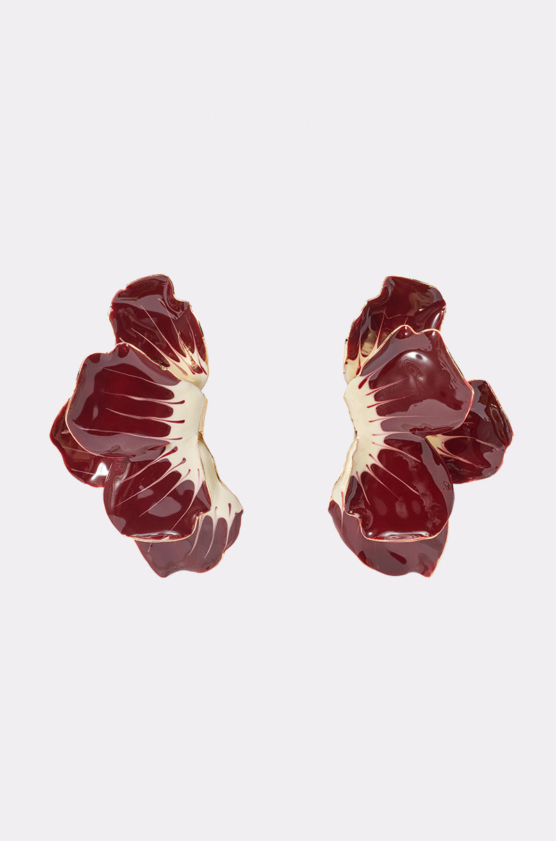 TO THE GARDEN EARRING: A pair of glossy acrylic drop earrings shaped like ruffled flower petals in deep burgundy and cream, perfect as chic summer accessories, displayed on a plain white background.