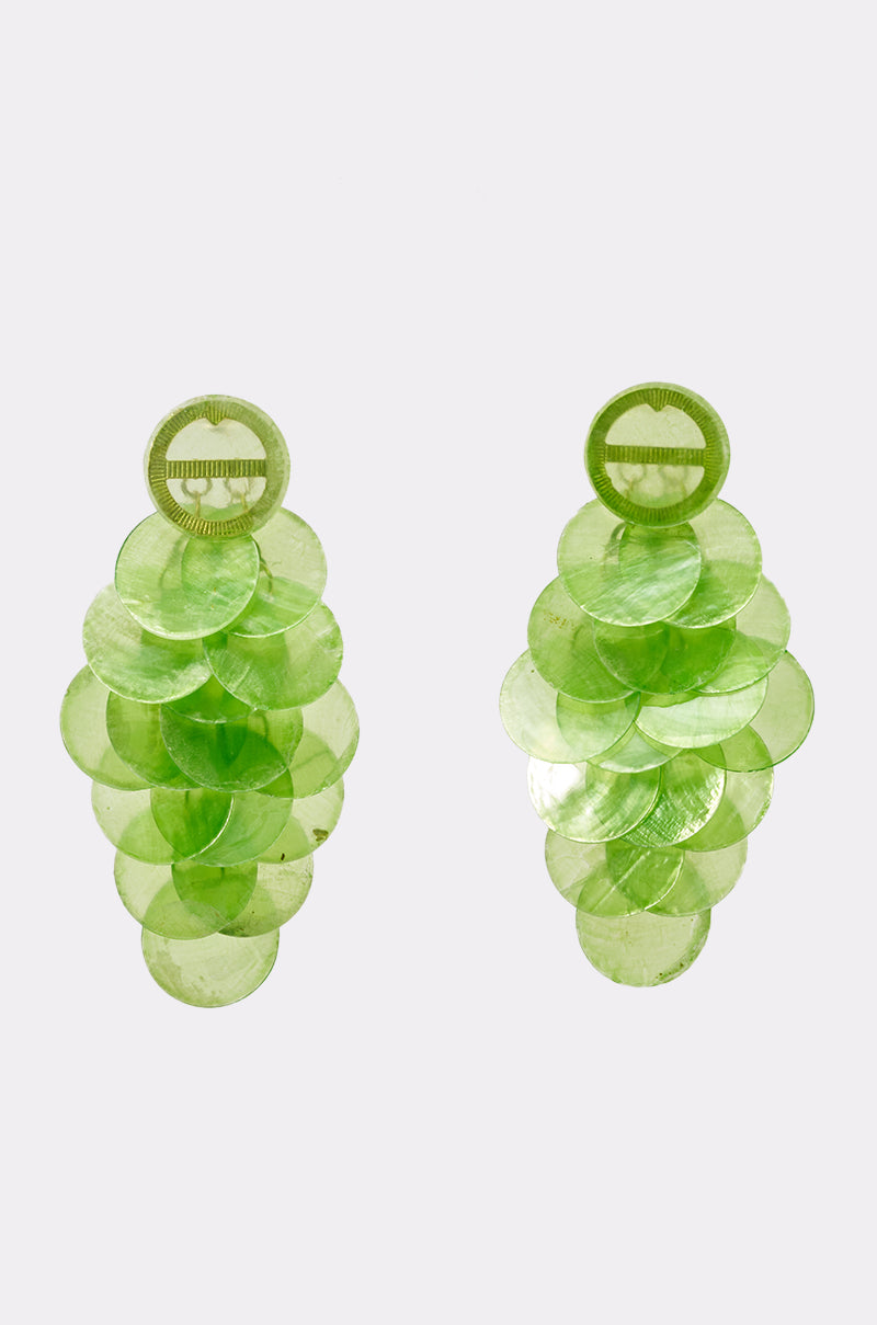 The NO ENVY EARRING features oversized, layered translucent green circular discs clustered together and attached to round green studs, making these statement earrings a bold accessory choice.