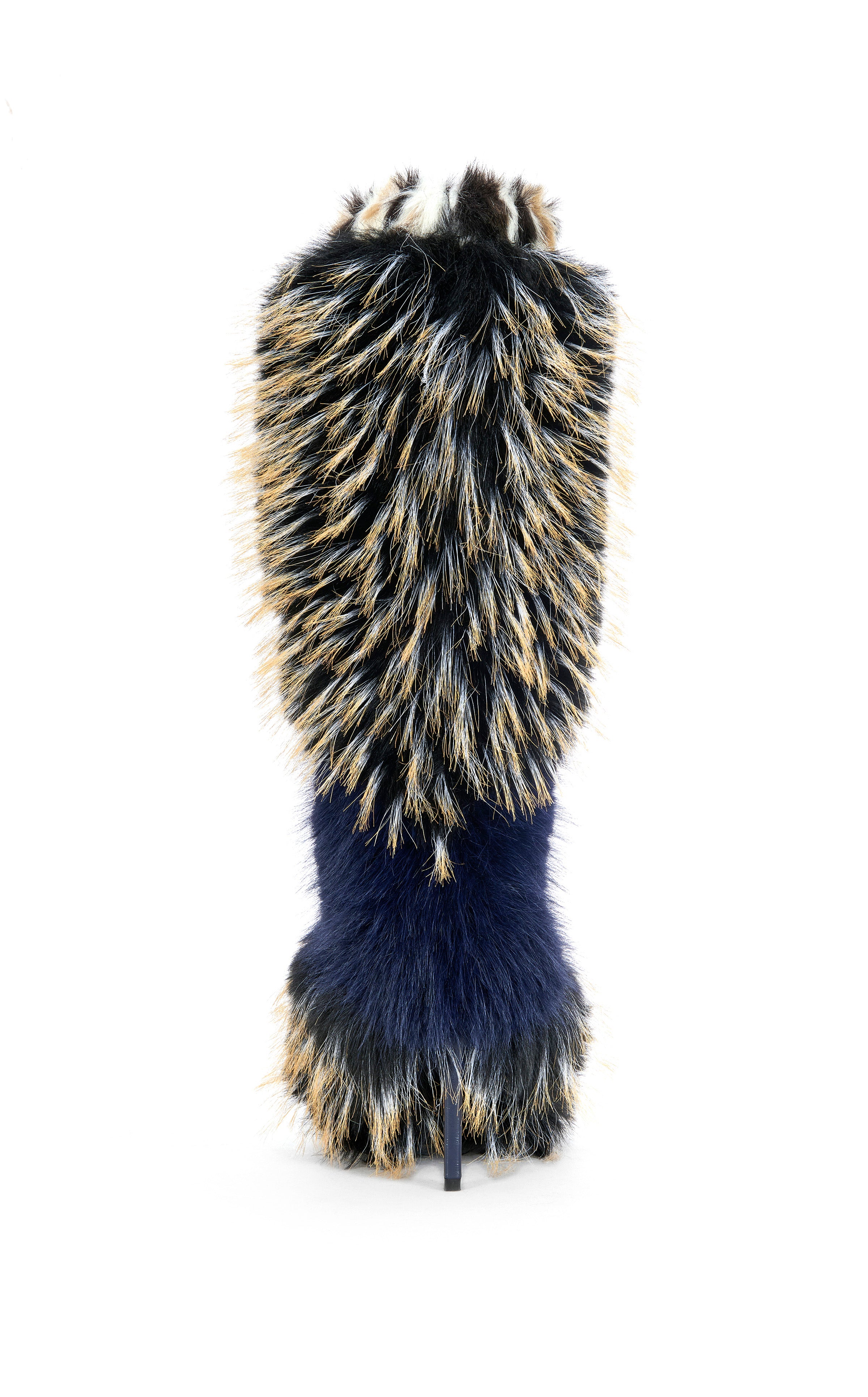 The AZALEA WANG UPENDO NAVY MULTI FUR BOOT is a knee-high stiletto boot covered in thick, multicolored faux fur—black, beige, and dark blue—shown against a plain white background.
