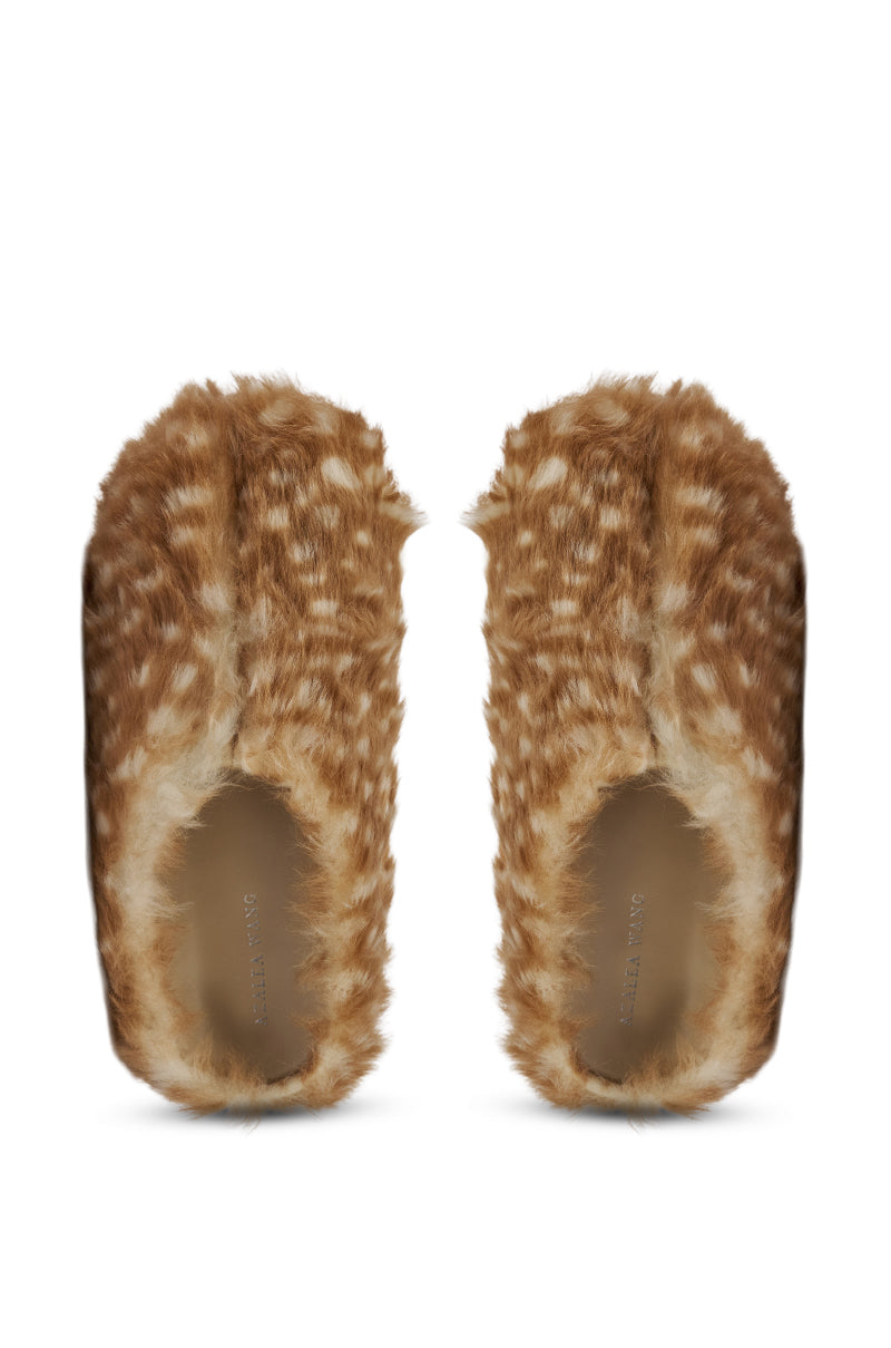 The AZALEA WANG UPNETTEE BROWN MULTI BAMBI PRINT FUR CLOG is a pair of brown slip-on slippers featuring soft, faux fur with a white-spotted fawn pattern, viewed from above. 5