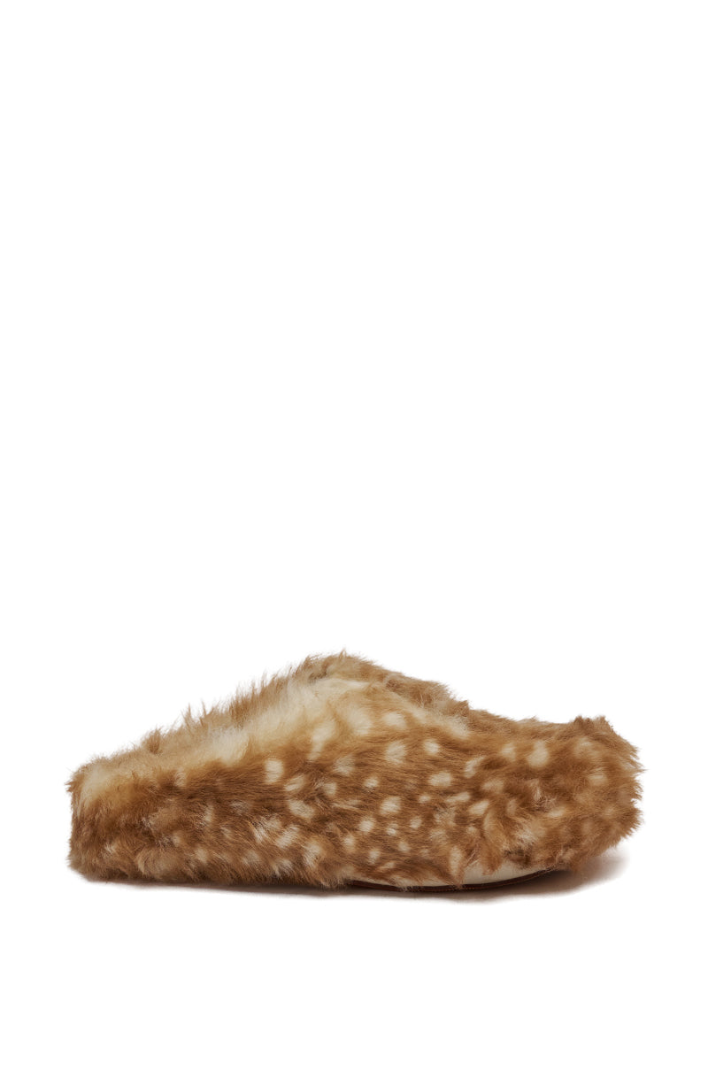 The AZALEA WANG UPNETTEE BROWN MULTI BAMBI PRINT FUR CLOG, featuring fuzzy brown faux fur with white bambi spots and a fawn-inspired design, is displayed in a side view against a plain white background. 6