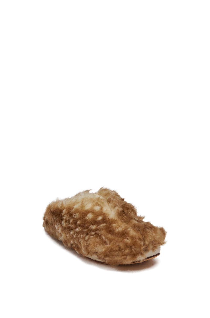 The AZALEA WANG UPNETTEE Brown Multi Bambi Print Fur Clog is a fuzzy slip-on with brown and white faux fur resembling a baby deer’s spotted coat, shown against a plain white background. 7