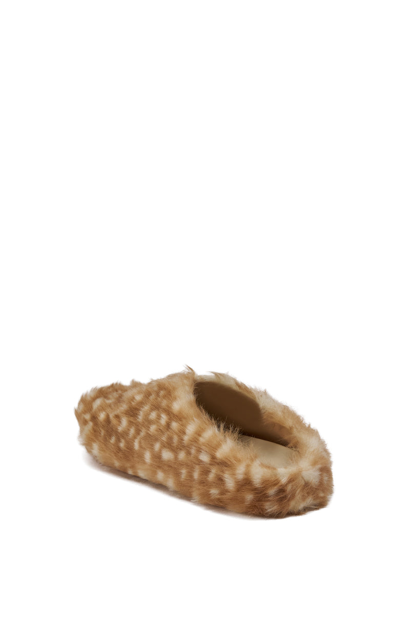 The AZALEA WANG UPNETTEE Brown Multi Bambi Print Fur Clog is a fuzzy brown slip-on with white spots, designed to mimic fawn fur, shown against a plain white background. 8