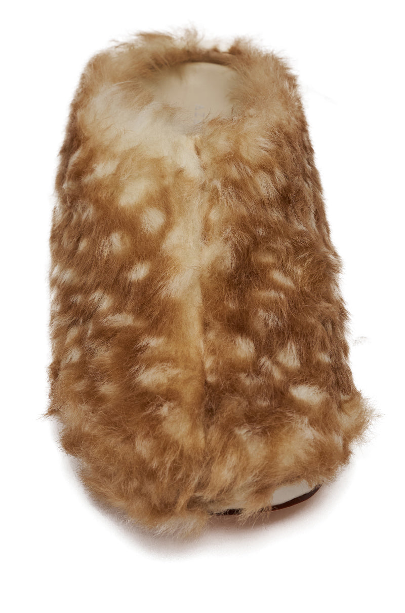 The AZALEA WANG UPNETTEE Brown Multi Bambi Print Fur Clog is a slip-on covered in soft light brown faux fur with white spots, mimicking a fawn's pattern, shown against a white background. 9