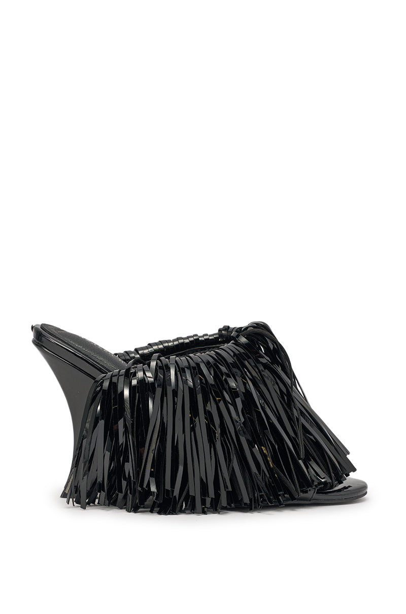 The AZALEA WANG VAILYN BLACK FRINGE PU WEDGE SANDAL features black faux patent leather, a pointed toe, and shiny fringe details—perfect party shoes that add boldness and texture to your look. 5