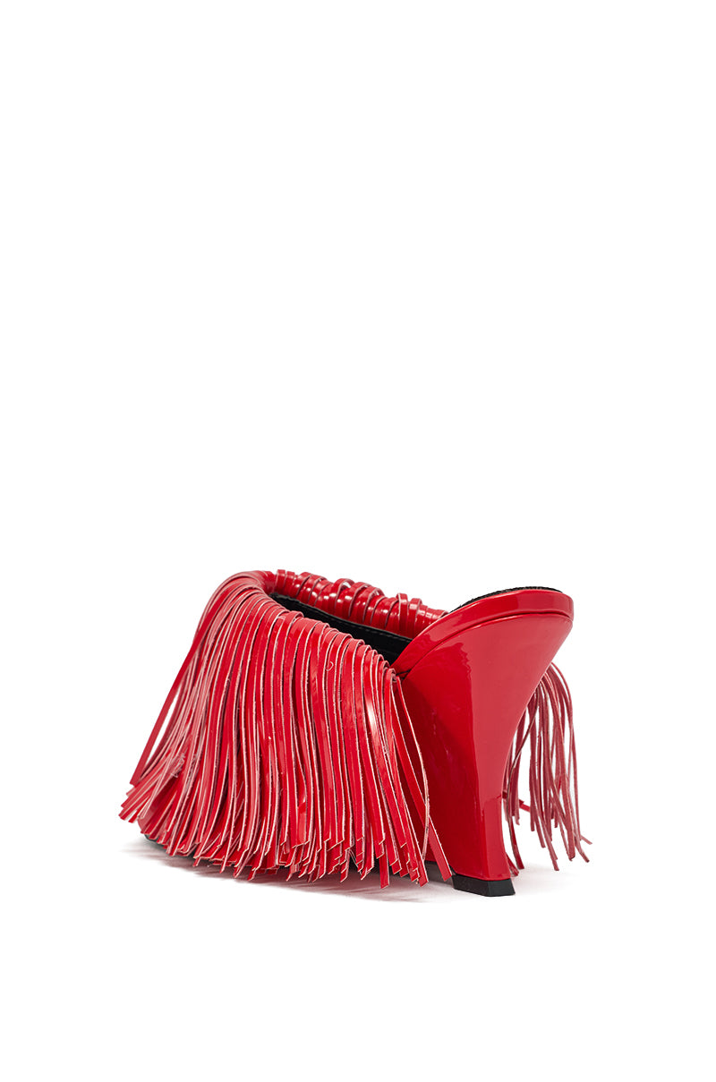 The AZALEA WANG VAILYN RED FRINGE PU WEDGE SANDAL features a cherry-red glossy faux patent leather upper with long, layered fringe covering the upper and back, displayed against a white background. 5