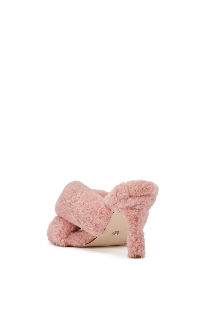 The AZALEA WANG PINK VALE IVORY SHERPA LOW HEEL MULE SANDAL features a pink fuzzy crisscross strap design and kitten heel, shown from the back on a white background. 5