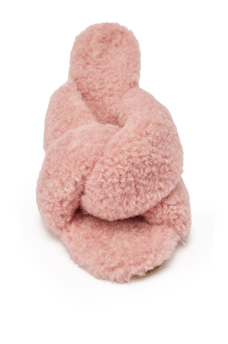 The AZALEA WANG Pink Vale Ivory Sherpa Low Heel Mule Sandal features a fluffy, crisscrossed sherpa design and soft texture, displayed against a white background. 7