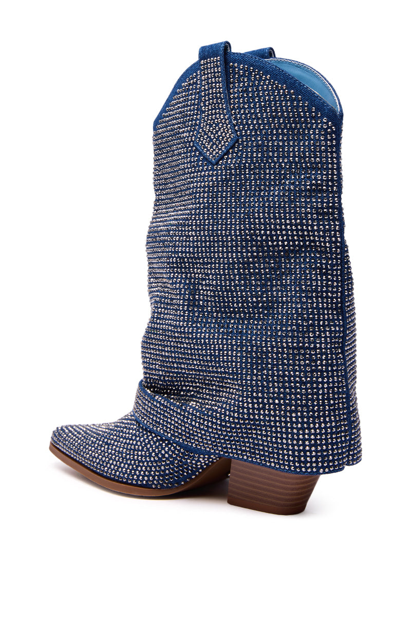 The AZALEA WANG VANADIS DENIM RHINESTONE COWBOY BOOTIE is a blue denim bootie adorned with small silver rhinestones, featuring a pointed toe, pull tab, and low stacked heel.