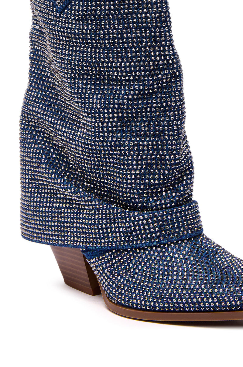 The AZALEA WANG VANADIS DENIM RHINESTONE COWBOY BOOTIE showcases blue denim with sparkling silver rhinestones, a pointed toe, and a low, angled wooden heel.