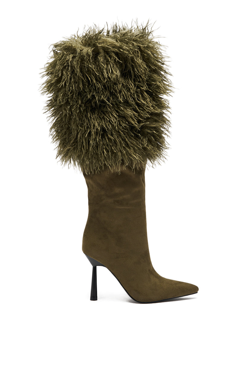 The AZALEA WANG VENDRISS OLIVE STILETTO FUR BOOTIE is a knee-high boot in olive, featuring a pointed toe, fluffy faux suede-like upper, and sleek lower section for a chic, textured statement look.