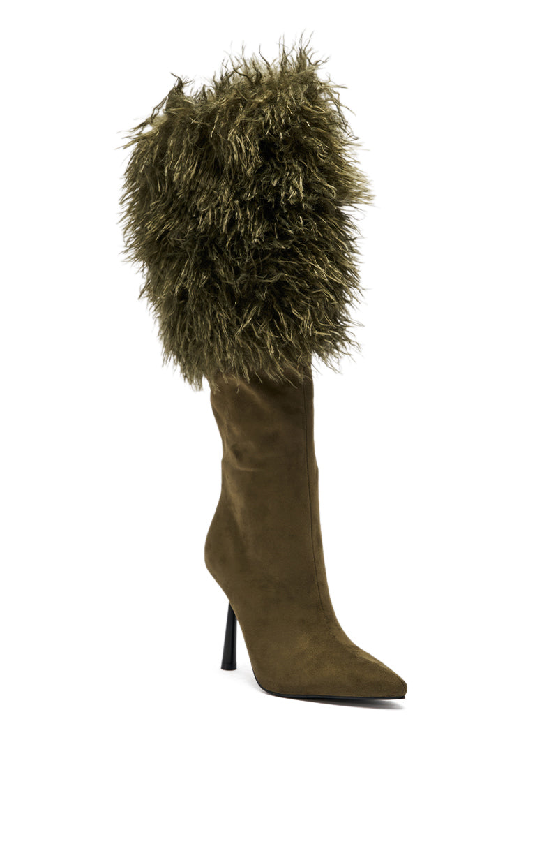 Introducing the AZALEA WANG VENDRISS OLIVE STILETTO FUR BOOTIE—a knee-high, olive green pointed toe stiletto with a shaggy fur cuff and sleek faux suede shaft for a bold, stylish look.