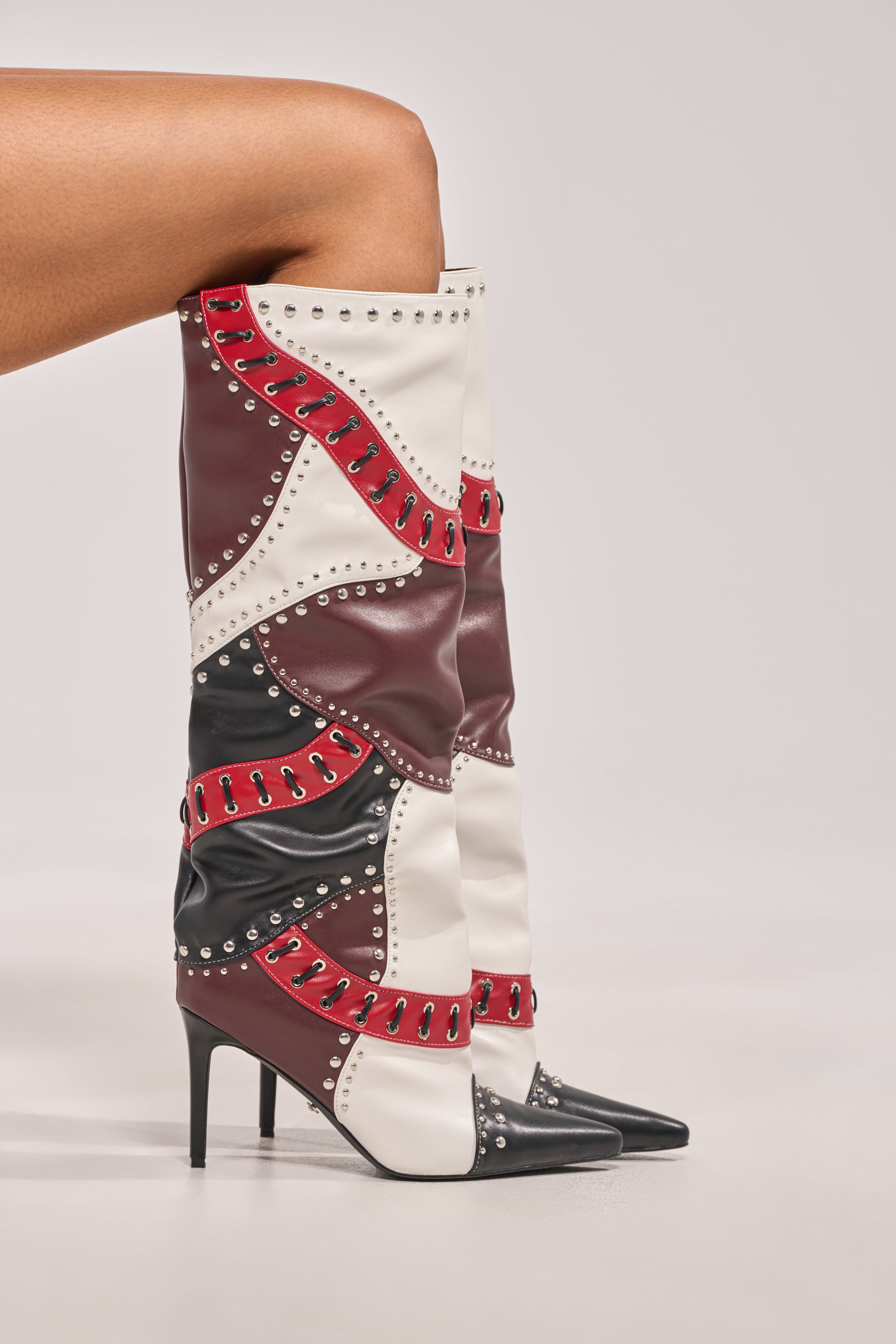 AKIRA GOLD VESSAE PATCHWORK STILETTO BOOT