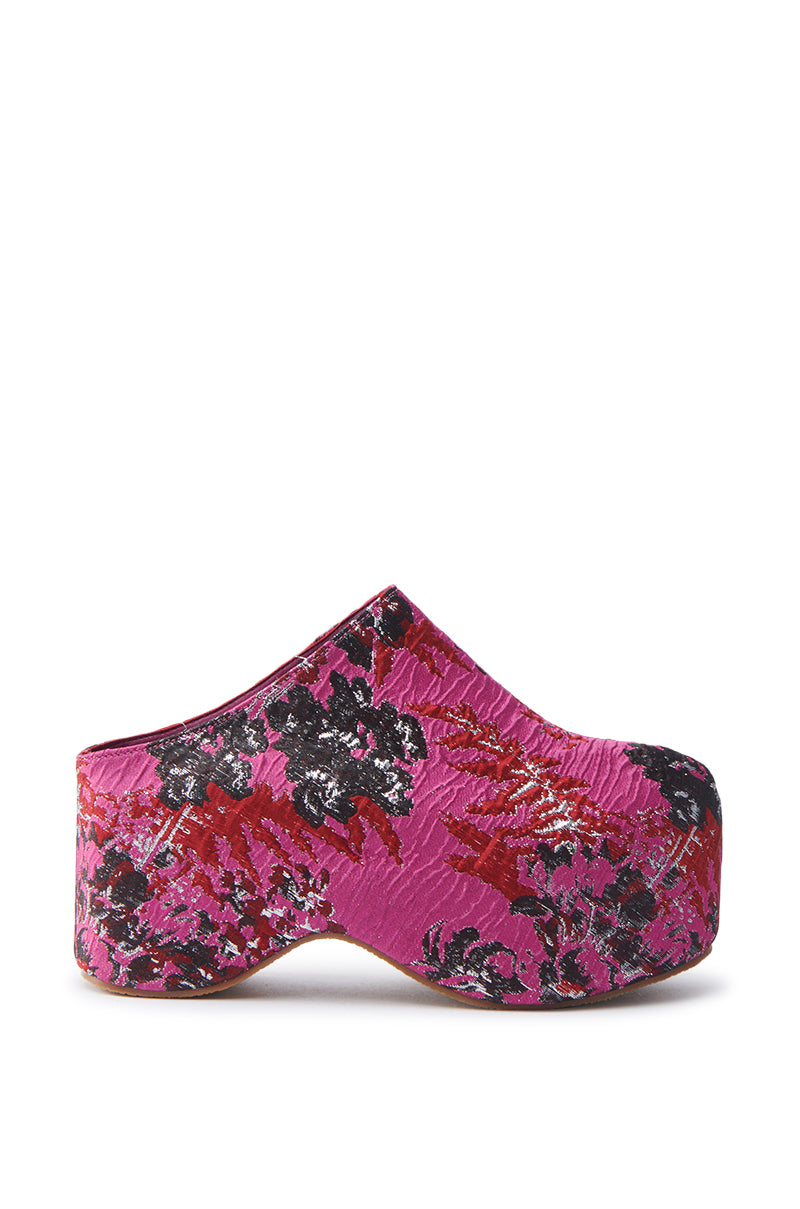 The AZALEA WANG VESTA PINK MULTI BROCADE CLOG features a bold platform and closed toe with textured pink, red, and black floral patterns for a vibrant style.