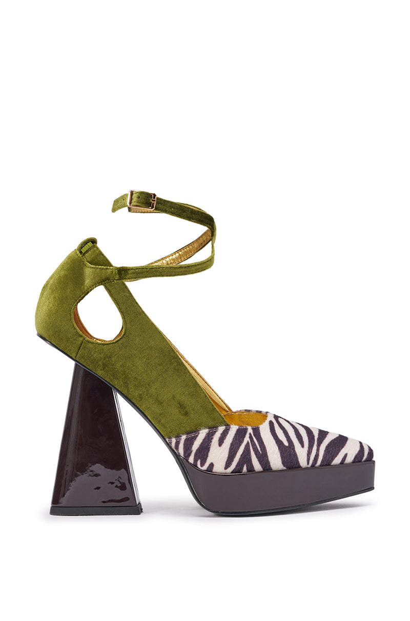 The AZALEA WANG VEVELYN OLIVE BLOCK PUMP features a green suede ankle strap, bold black and white zebra print toe, and chunky angled black heel—these statement platform sandals are perfect for standing out. 3