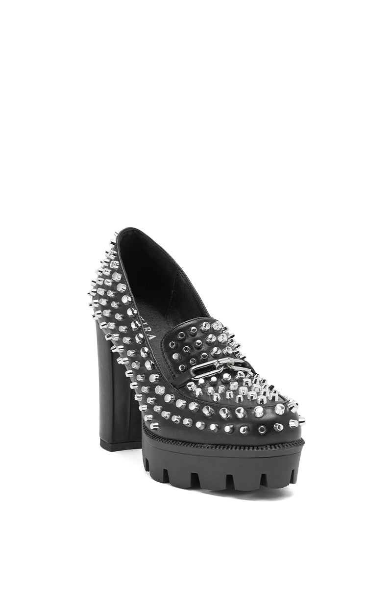 The AKIRA GOLD VICTOIRE BLACK STUDDED PUMP LOAFER features a black design with silver spikes and studs, chunky heel, and platform lug sole for a bold, edgy look. 4