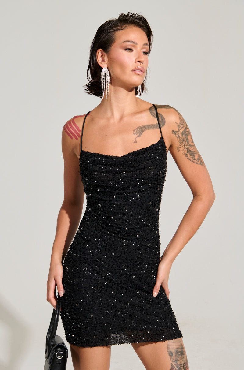 A NIGHT TO REMEMBER SLINKY RHINESTONE MINI DRESS IN BLACK – AKIRA