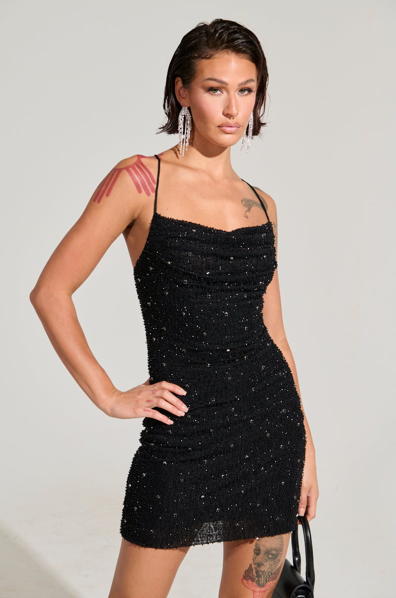 A NIGHT TO REMEMBER SLINKY RHINESTONE MINI DRESS IN BLACK – AKIRA