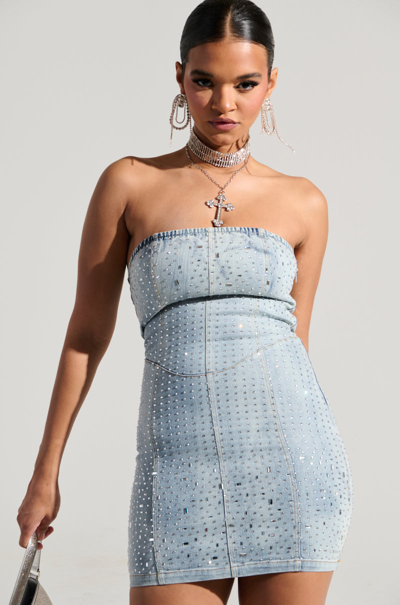 JUST WANNA ROCK DENIM RHINESTONE MINI DRESS – AKIRA
