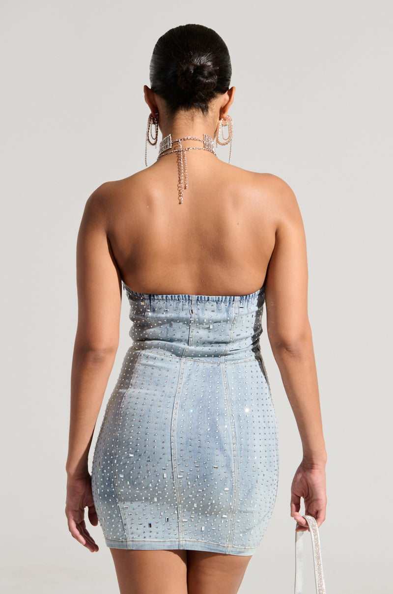 JUST WANNA ROCK DENIM RHINESTONE MINI DRESS AKIRA JUST WANNA ROCK DENIM RHINESTONE MINI DRESS AKIRA