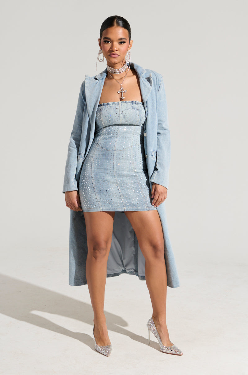 JUST WANNA ROCK DENIM RHINESTONE MINI DRESS AKIRA JUST WANNA ROCK DENIM RHINESTONE MINI DRESS AKIRA