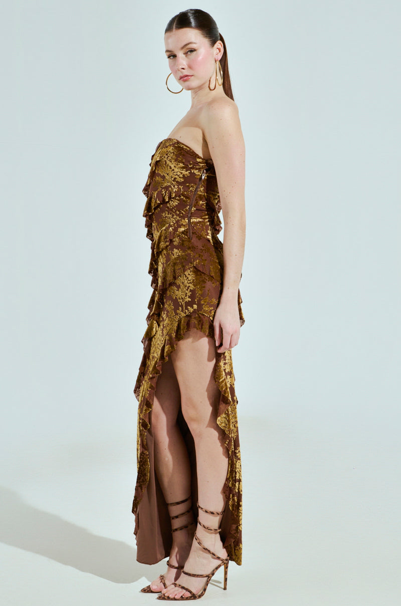 CYRUS VELVET MAXI DRESS IN BROWN AKIRA CYRUS VELVET MAXI DRESS IN BROWN AKIRA