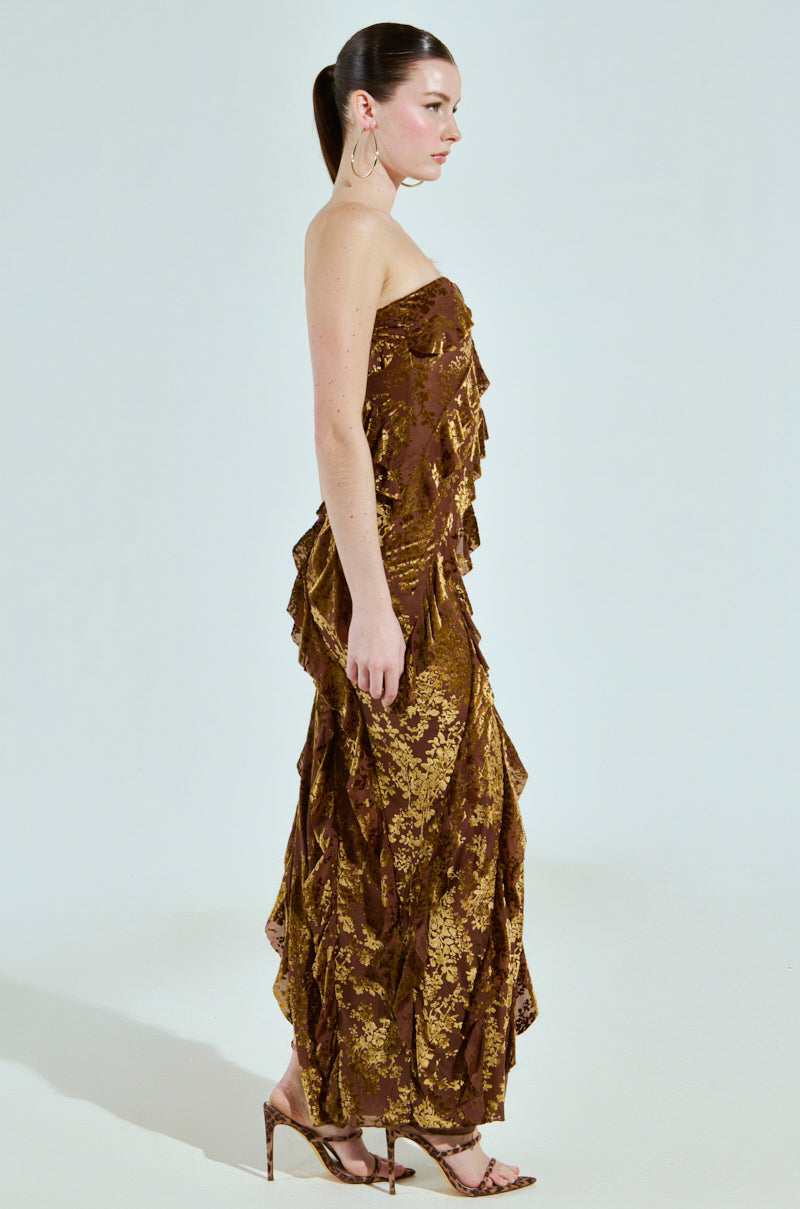 CYRUS VELVET MAXI DRESS IN BROWN AKIRA CYRUS VELVET MAXI DRESS IN BROWN AKIRA