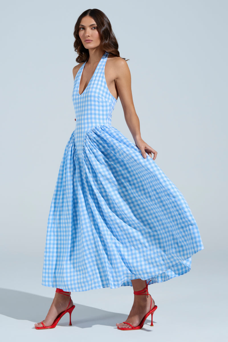 A woman stands against a light background in the NEVER GONNA STOP PLAID MAXI DRESS, featuring a blue and white gingham pattern with a sleeveless design and flared skirt. She completes her look with red high-heeled sandals, and her long hair cascades over her shoulders.
