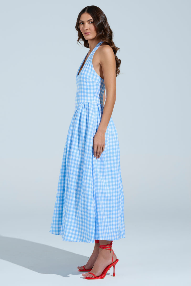 A woman in the NEVER GONNA STOP PLAID MAXI DRESS stands against a light blue background, her long brown hair flowing. The blue and white dress features halter straps with a fitted bodice and flared skirt. Wearing red high heels, she poses with a slight turn to the side, exuding effortless charm.