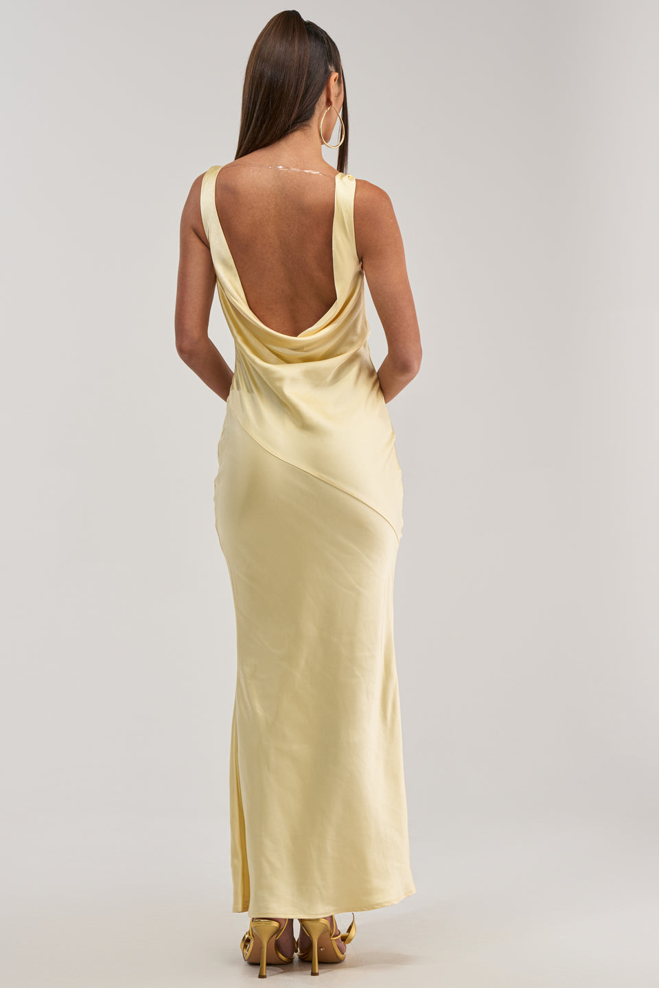 yellow satin backless maxi dress Elegant Yellow Satin Maxi Dress with Halter & Backless Detail