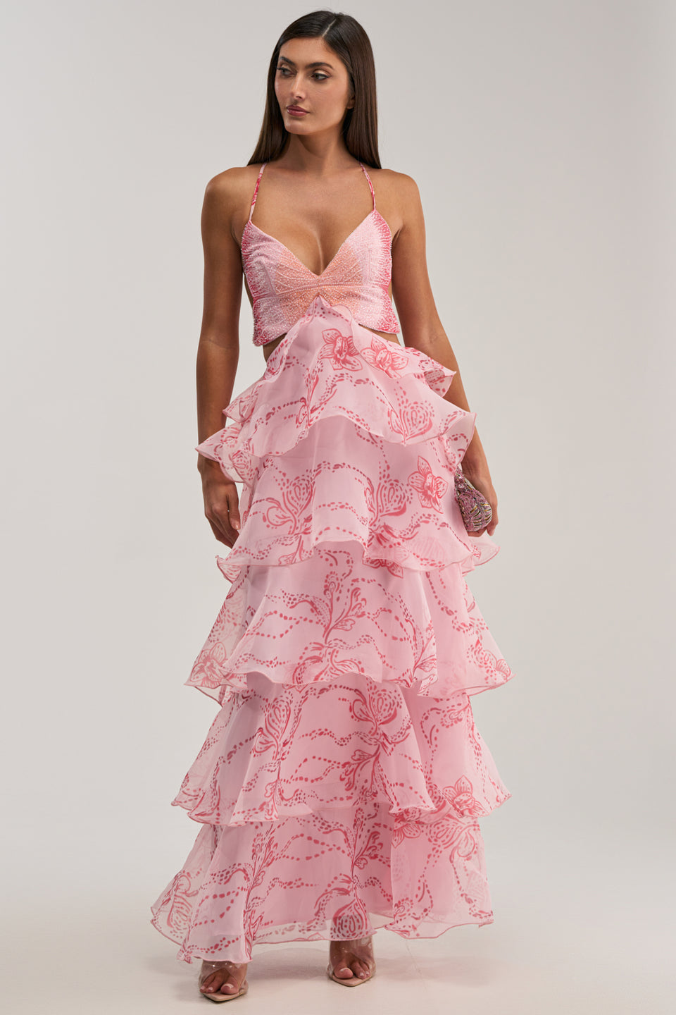 pink floral chiffon maxi dress MissJophiel Long Sleeves V Neck Floral Chiffon Pink Maxi Dress Formal Evening Gown Other / Tea Length / US18W