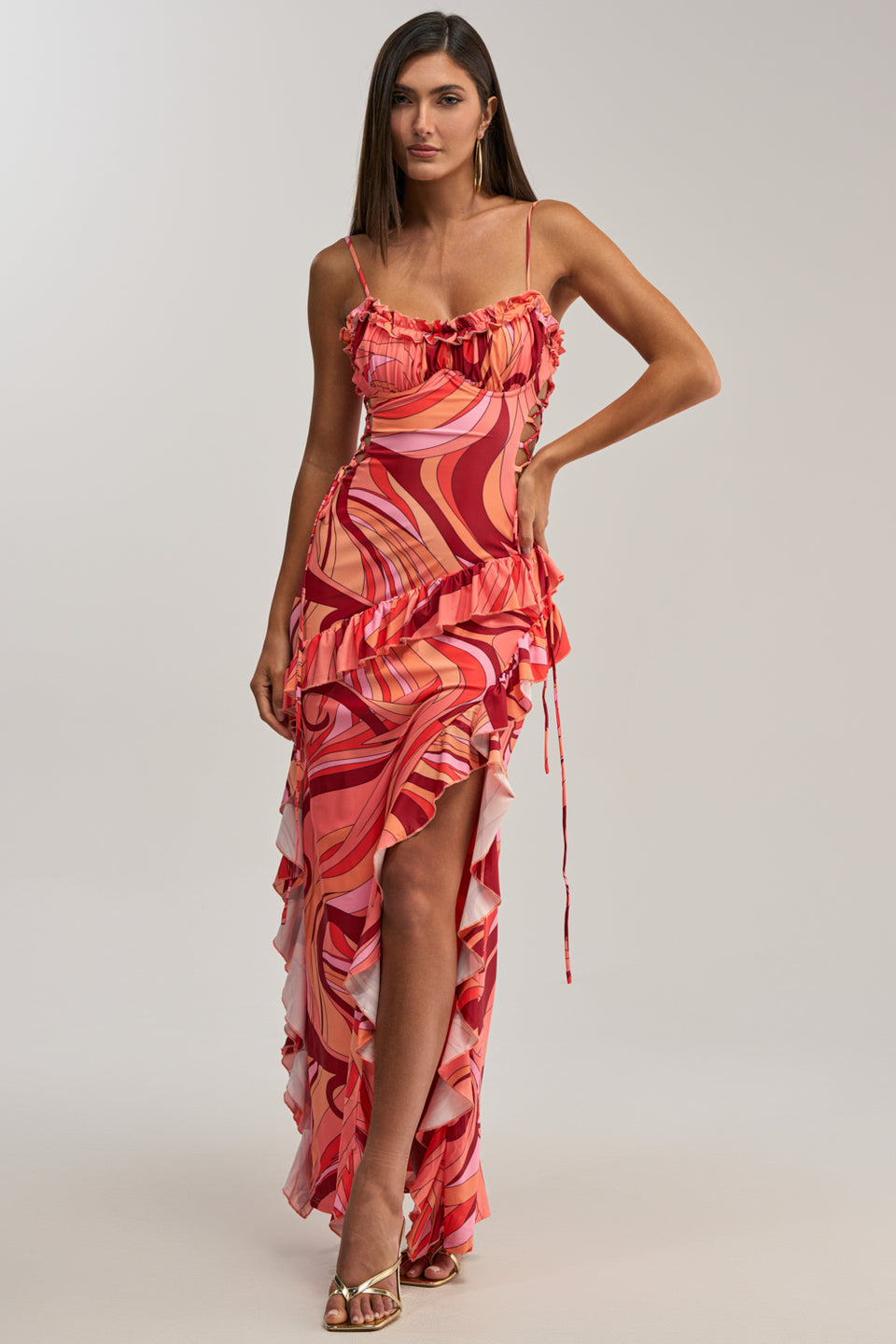 AKIRA Handle With Care Abstract Midi Dress In Orange
