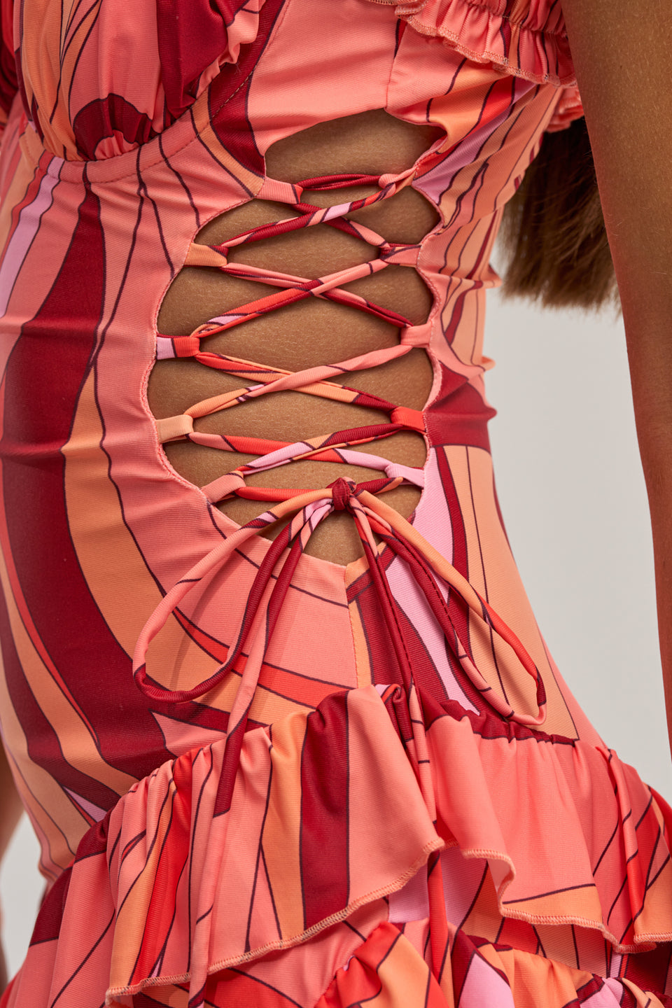 pink and orange abstract dress AKIRA Handle With Care Abstract Midi Dress In Orange