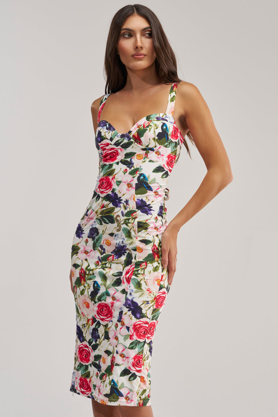 colorful midi cocktail dress TALK IS CHEAP FLORAL MIDI DRESS AKIRA