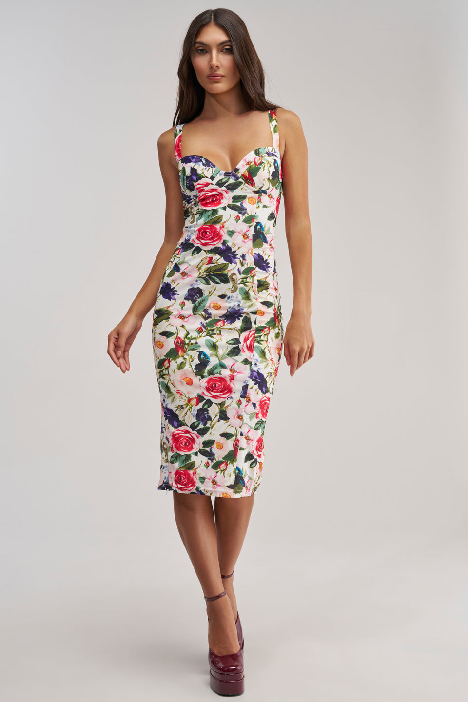 floral bodycon midi dress Flowers In My Hair Floral Bodycon Midi Dress (Ivory/Sage) NanaMacs