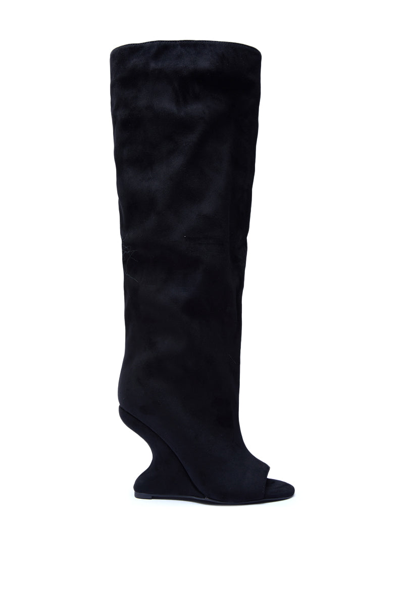 The AZALEA WANG VINCENT BLACK FAUX SUEDE OPEN TOE BOOT is a single black knee-high boot with a curved wedge heel and open toe, shown against a white background.