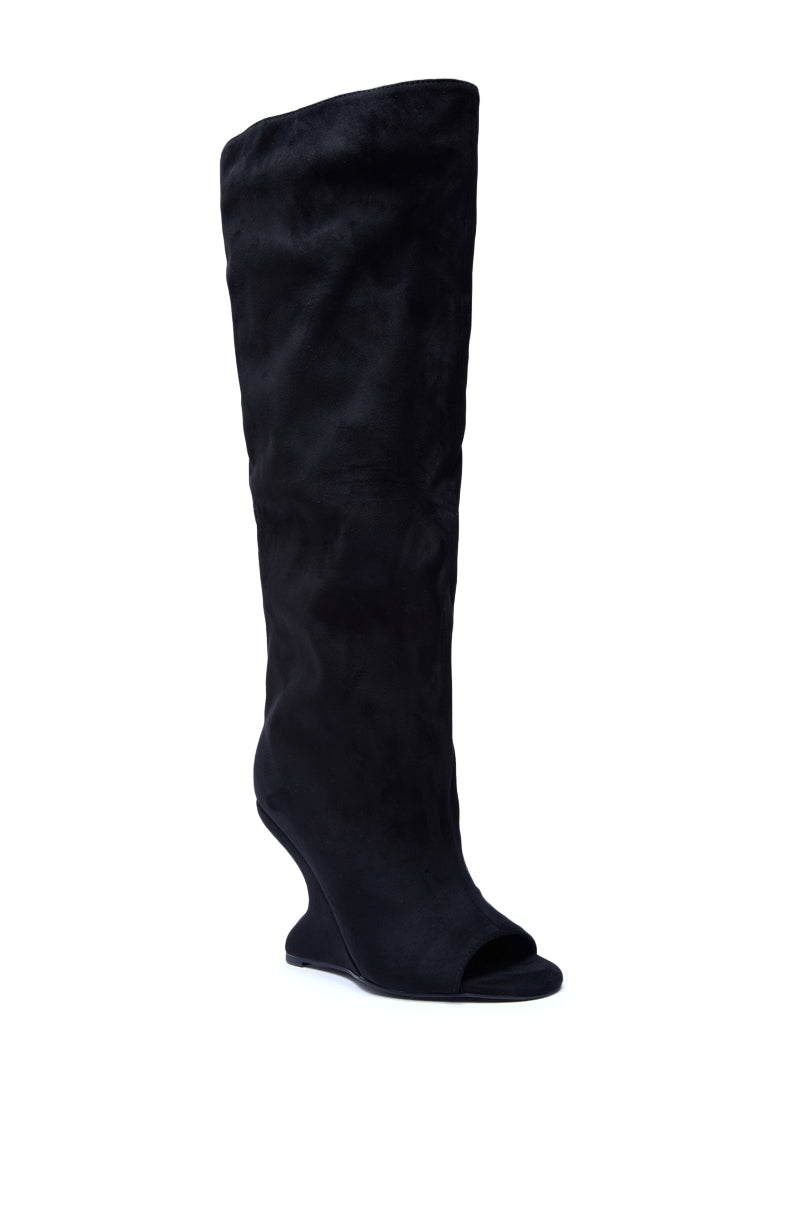 The AZALEA WANG VINCENT BLACK FAUX SUEDE OPEN TOE BOOT is a knee-high, sculpted wedge heel boot in soft black faux suede with an open toe, shown on a plain white background.
