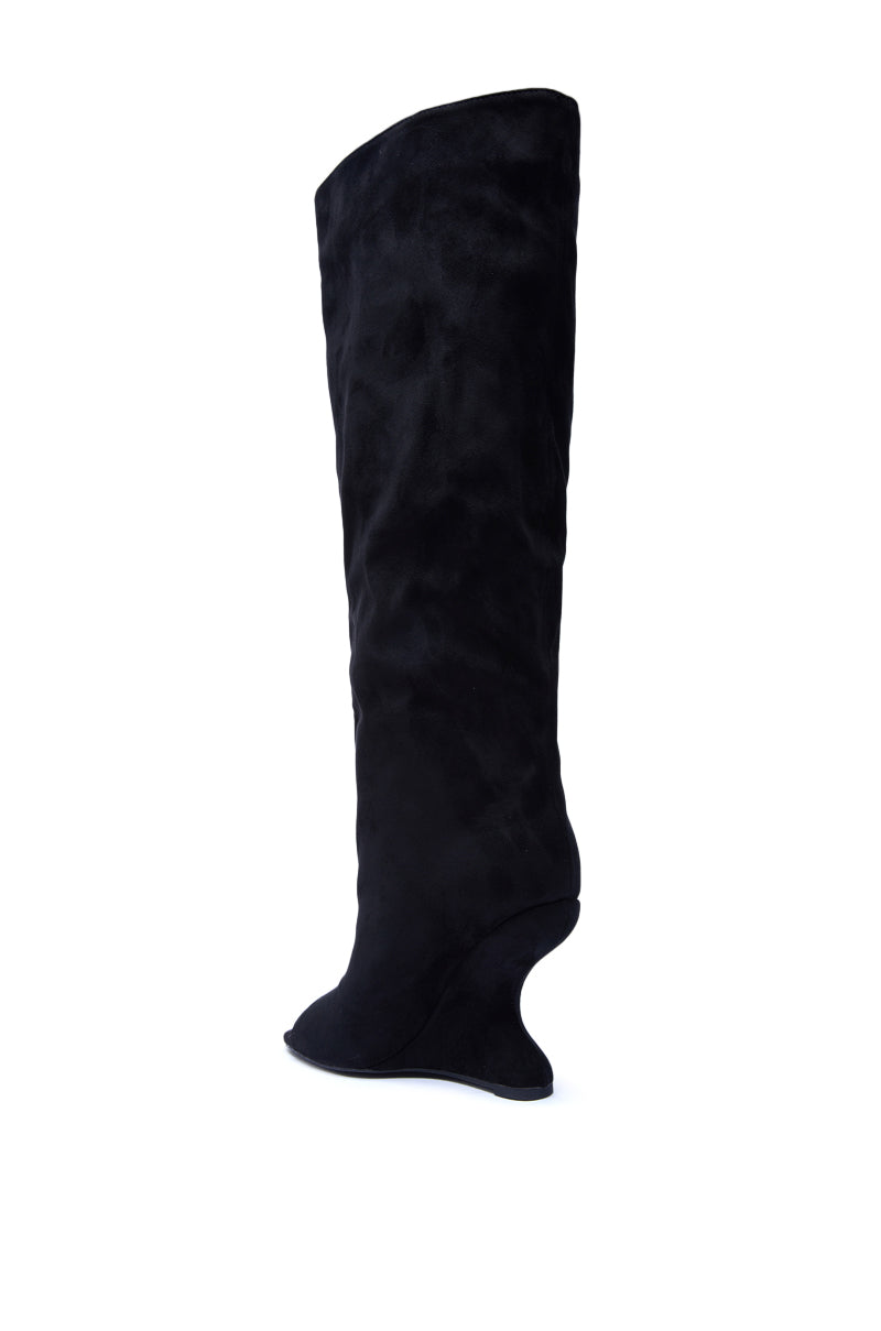The AZALEA WANG VINCENT Black Faux Suede Open Toe Boot features a knee-high design with a sculpted wedge heel, shown in a side view against a white background.