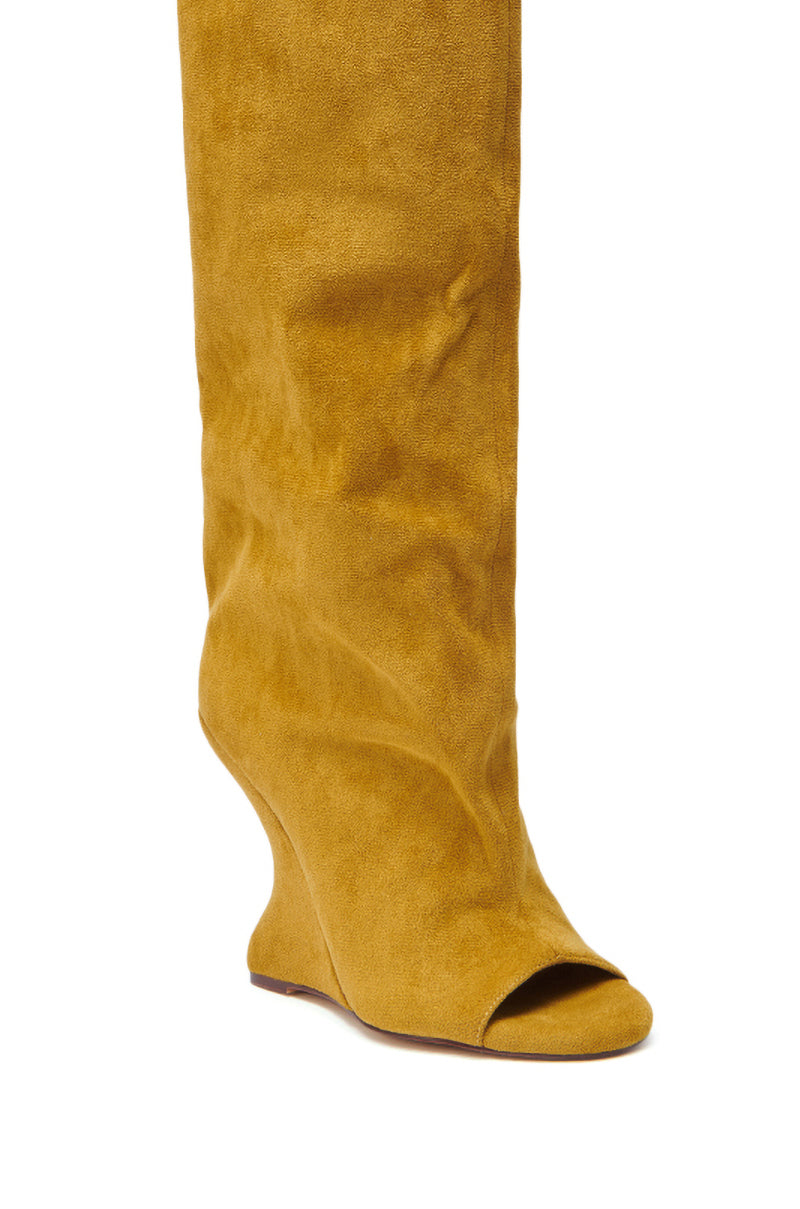 The AZALEA WANG VINCENT MUSTARD SUEDE OPEN TOE BOOT features a knee-high shaft, inverted wedge heel, and peep toe design for standout style.
