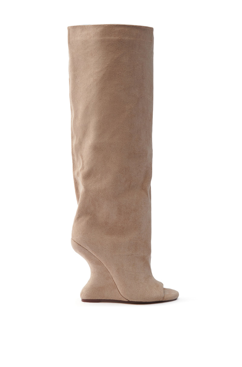 AZALEA WANG VINCENT NUDE OPEN TOE WEDGE BOOT features a tall faux suede design with a unique sculpted heel, knee-high shaft, and a smooth, slightly slouched look for added elegance.