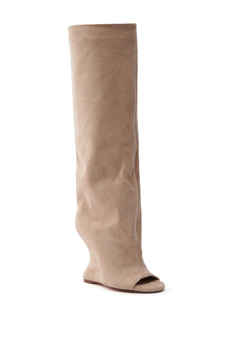 The AZALEA WANG VINCENT Nude Open Toe Wedge Boot is showcased on a plain white background, featuring a knee-high shaft with a soft, slouchy faux suede design.