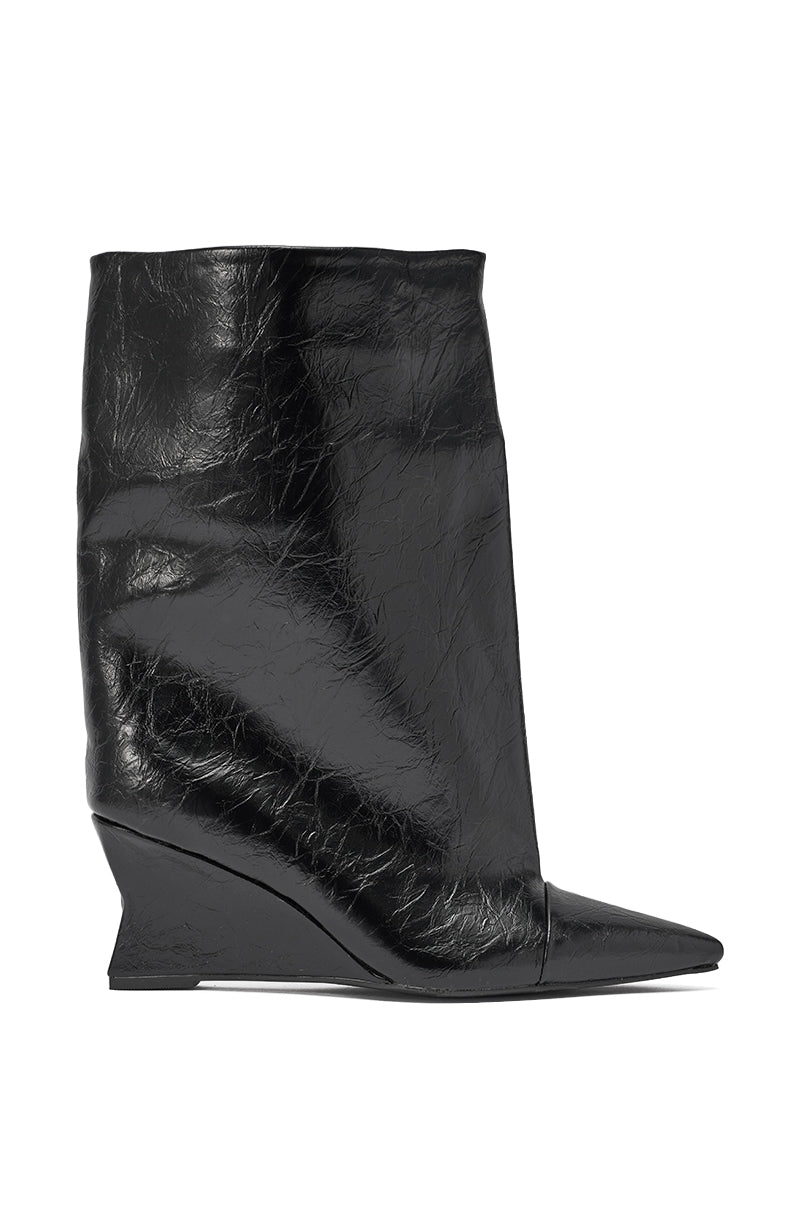 The AZALEA WANG VINCI BLACK PU PRINT WEDGE BOOTIE is a single black, mid-calf wedge boot with a pointed toe and shiny crinkled faux leather, shown in profile against a white background. 3