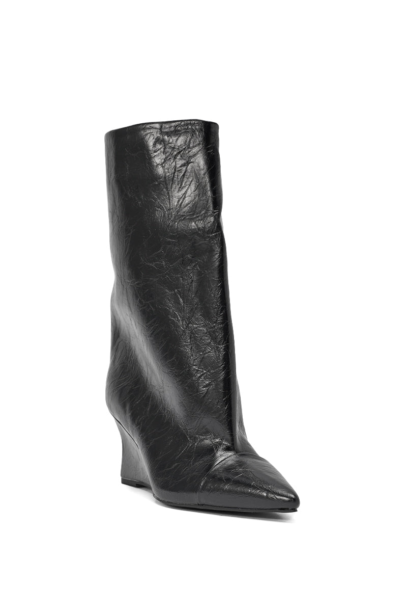 The AZALEA WANG VINCI BLACK PU PRINT WEDGE BOOTIE is a black, mid-calf wedge bootie with a pointed toe and crinkled faux leather texture, shown against a white background. 4