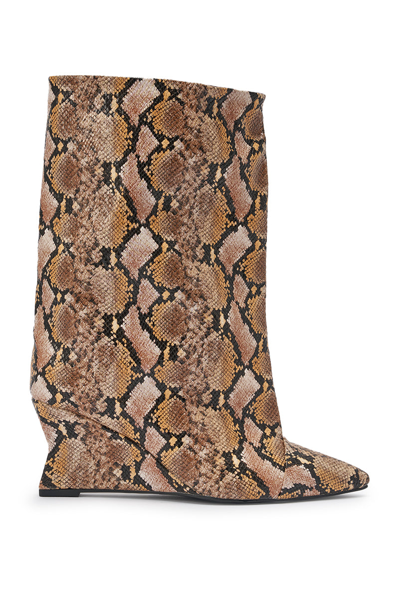 A side view of the AZALEA WANG VINCI SNAKE PU PRINT WEDGE BOOTIE, a knee-high boot with pointed toe, flat sole, and bold brown, black, and tan snakeskin pattern—perfect for fans of striking faux leather wedge booties. 6
